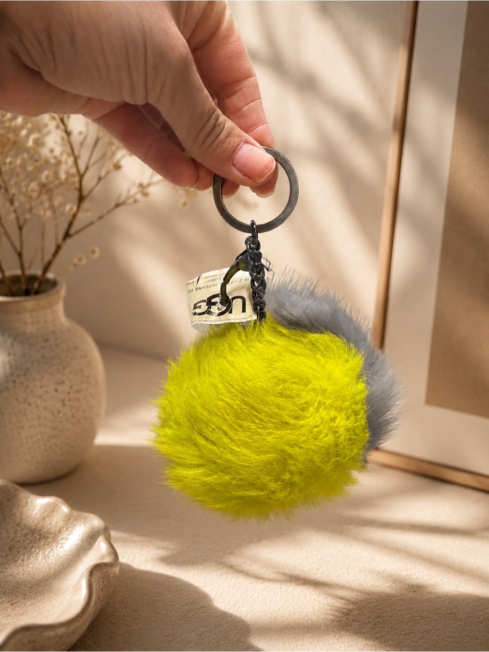 UGG Neon Yellow and Gray Faux Fur Toscana plus Swarovski Keychain